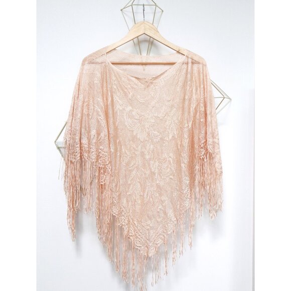 Vintage 80s Sheer Nude Poncho Floral Knit Lace, Women's Lace Shawl Boho Festival - Picture 3 of 5